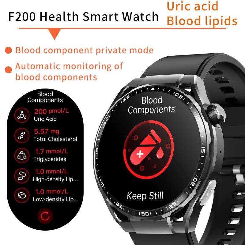 Men's watch multi-function round screen to measure blood sugar and blood lipids, ECG sports watch, Bluetooth call smart watch 1.55"-F200