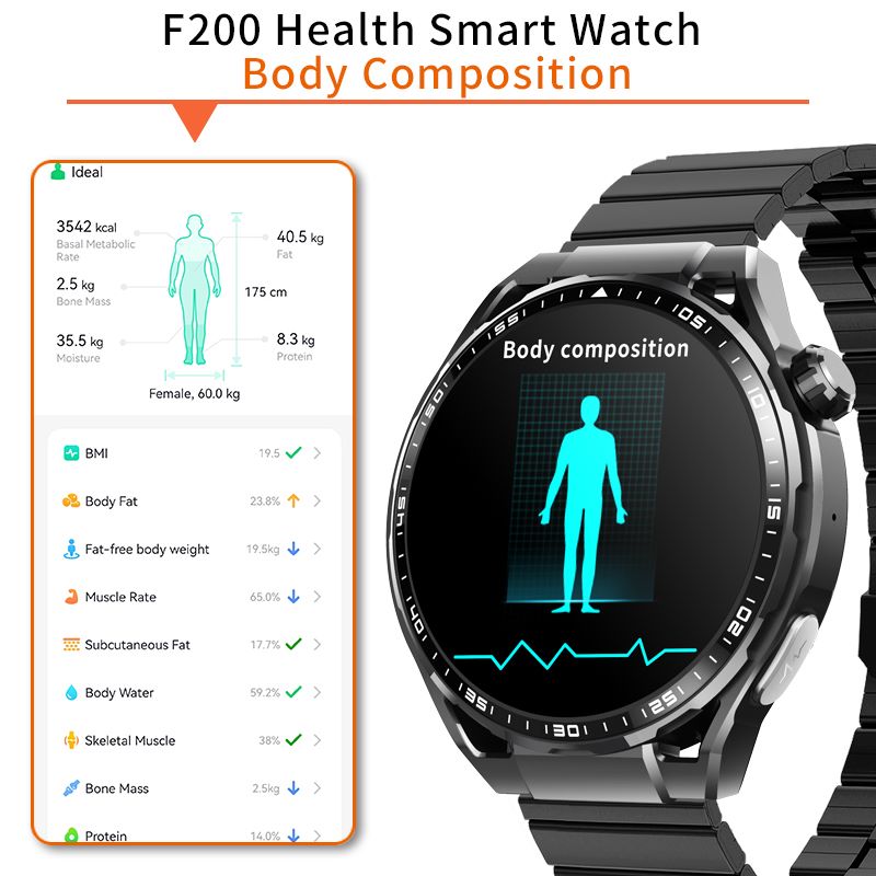 Men's watch multi-function round screen to measure blood sugar and blood lipids, ECG sports watch, Bluetooth call smart watch 1.55"-F200