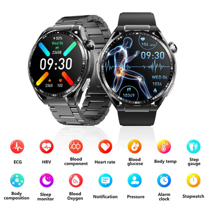 Men's watch multi-function round screen to measure blood sugar and blood lipids, ECG sports watch, Bluetooth call smart watch 1.55"-F200