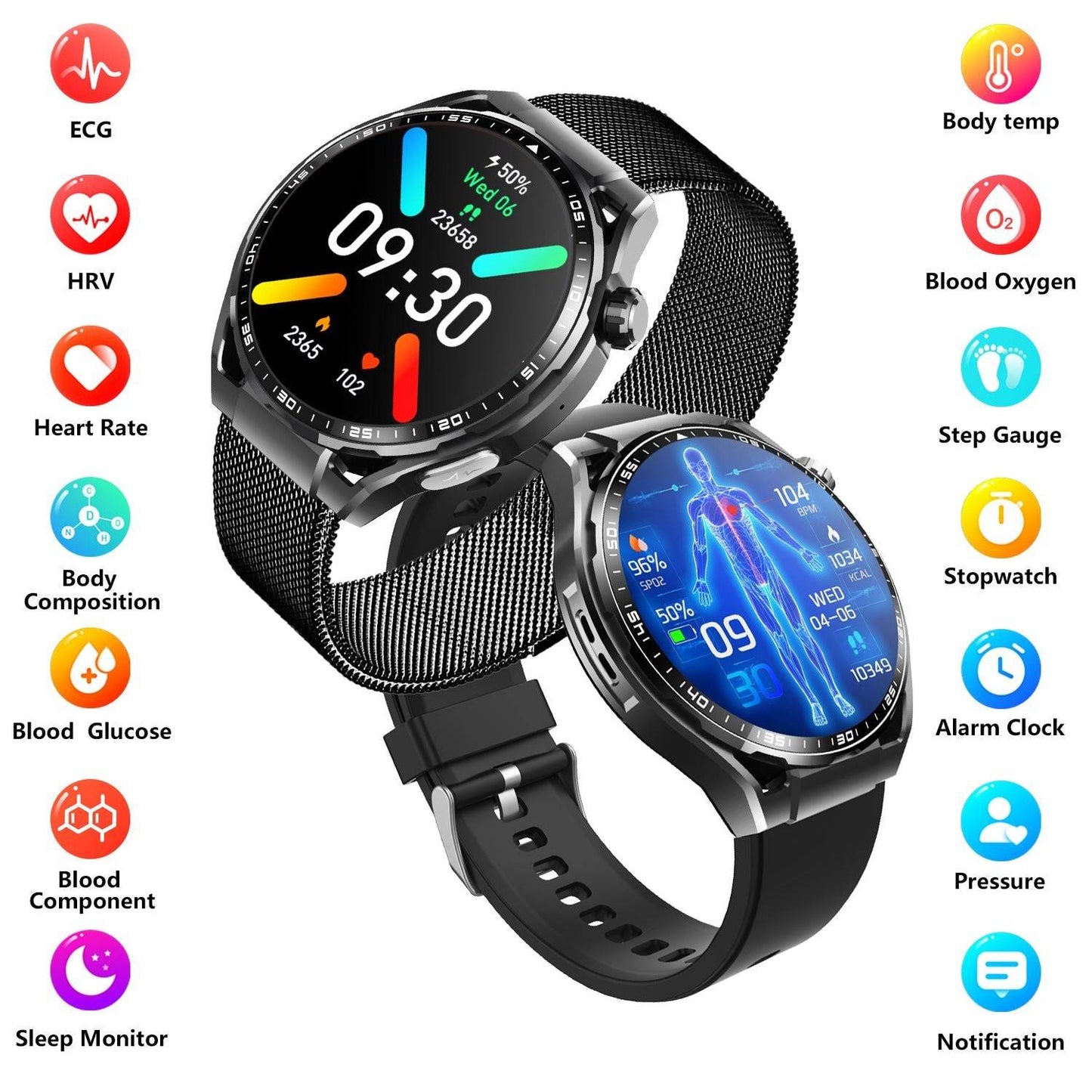 Men's watch multi-function round screen to measure blood sugar and blood lipids, ECG sports watch, Bluetooth call smart watch 1.55"-F200