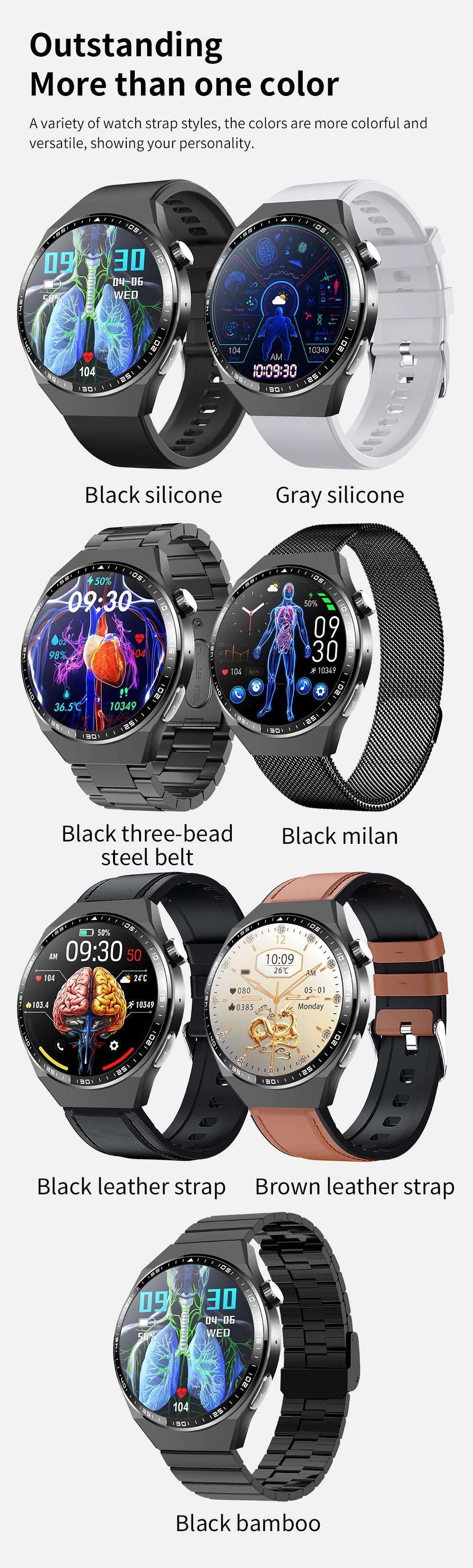 Round screen smart watch/blood glucose, ECG, blood pressure, uric acid, blood lipid monitoring/Bluetooth call/SOS/sports watch-F800