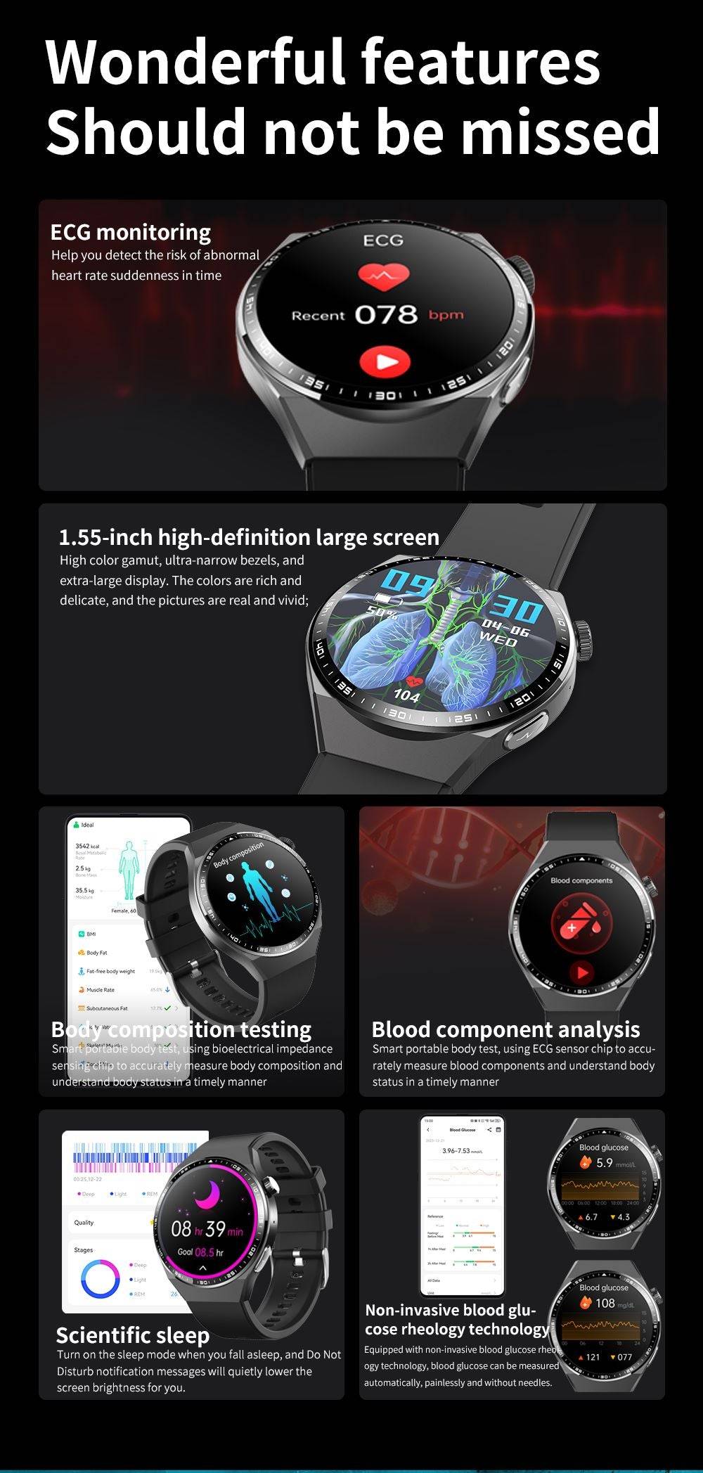 Round screen smart watch/blood glucose, ECG, blood pressure, uric acid, blood lipid monitoring/Bluetooth call/SOS/sports watch-F800