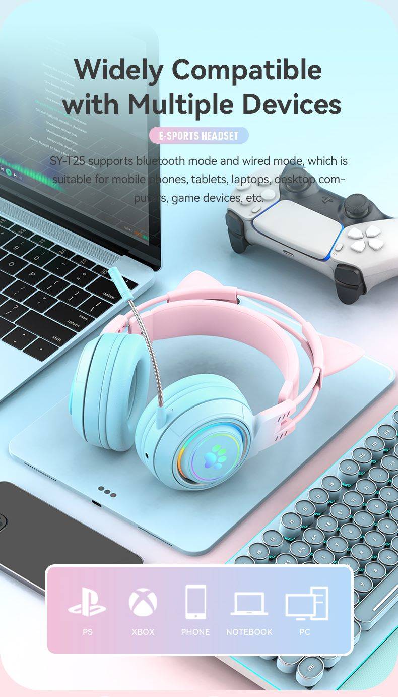 Wireless Bluetooth Headset/Luminous Ambient Light/Gaming Headset/Long Battery Life/Cat Ear Headset-SY-T25